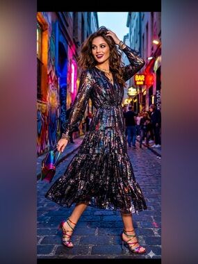 BA&SH Silk Midi Dress XS Blue Metallic Printed Long Sleeve Crew Neck Luxury